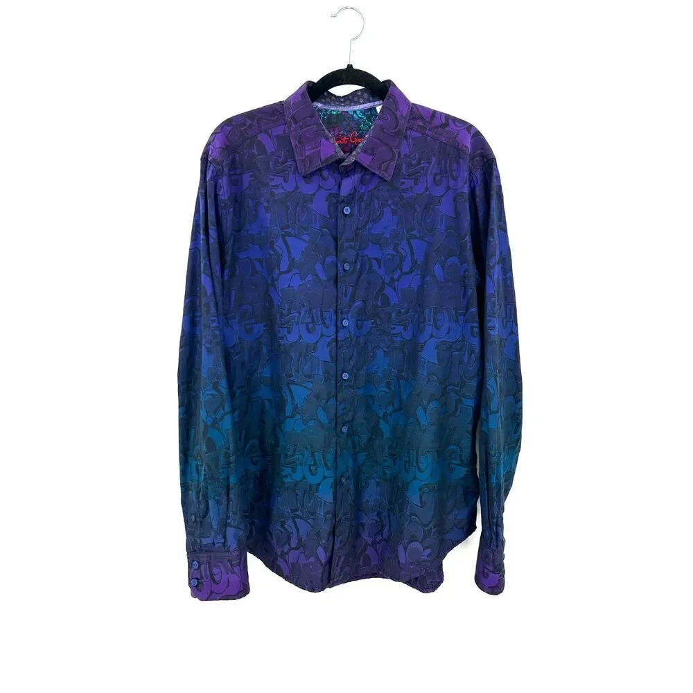ROBERT GRAHAM Beat Street Blue Purple Ombre Graffiti Long Sleeve Dress Shirt XL - Picture 1 of 6